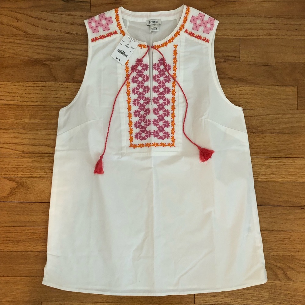 NWT J Crew Embroidered White Tank Pink/Orange